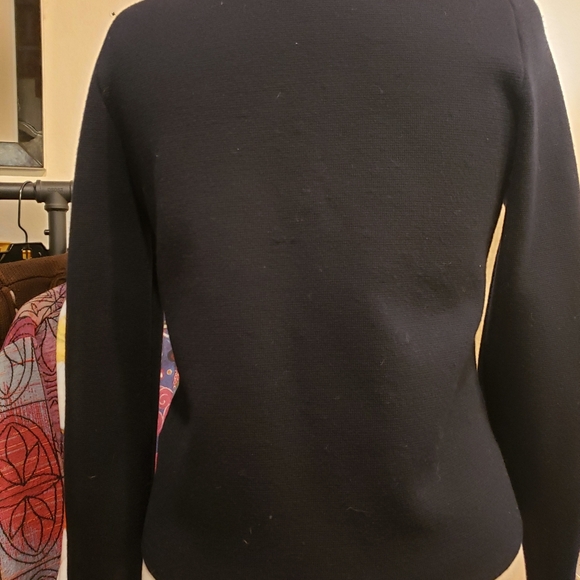 J. Crew Navy Blue Button Front Wool Blend Cardigan with Cream Ruffle Accents - Picture 2 of 3